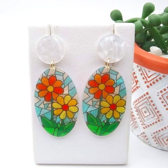 Fancy Spring Flowers Acrylic Oval Drop Earrings - Picture 1 of 4